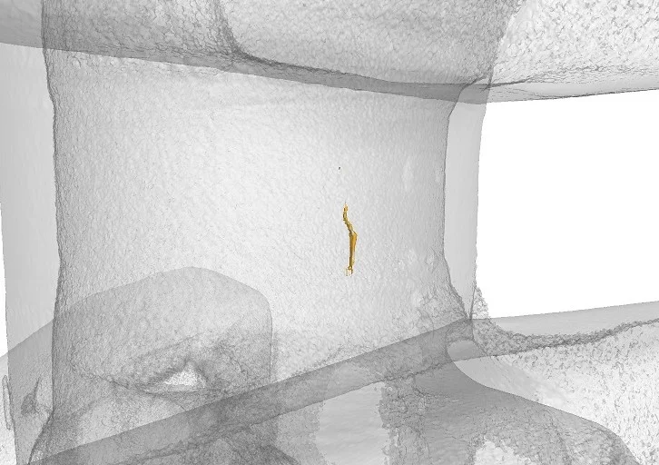 Zerstörungsfreie Prüfung von Eisenguss zeigt einen Riss im 3D-CT-Bild